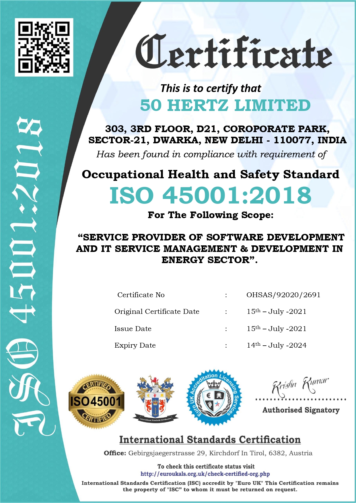 2021_ISO 45001_50 Hertz_Limited